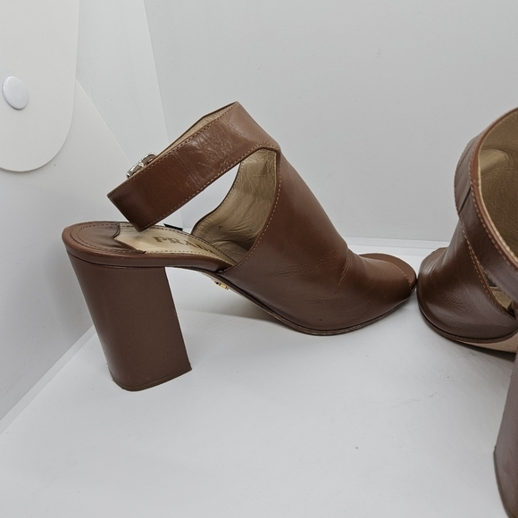 Prada brown leather peeptoe ankle wrap heel booties EU 38 - Picture 7 of 16